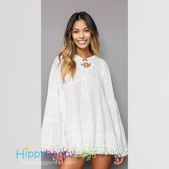 POL Tops - POL Tunic Top in Ivory/White with Fringe Edges